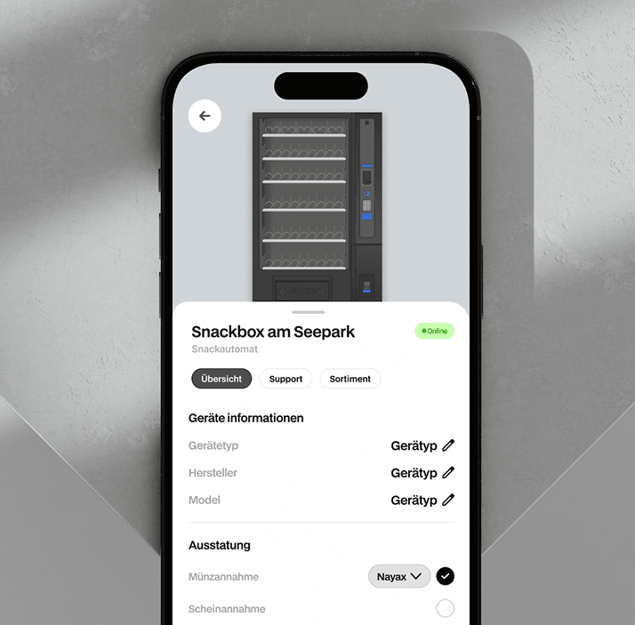 VENDi Hub auf dem iPhone — Geräte-Detail mit Snackbox am Seepark